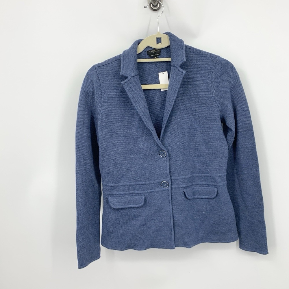 Talbots Women Size Petite Small Sweater Blue 100% Merino Wool‎ Blazer Cardigan